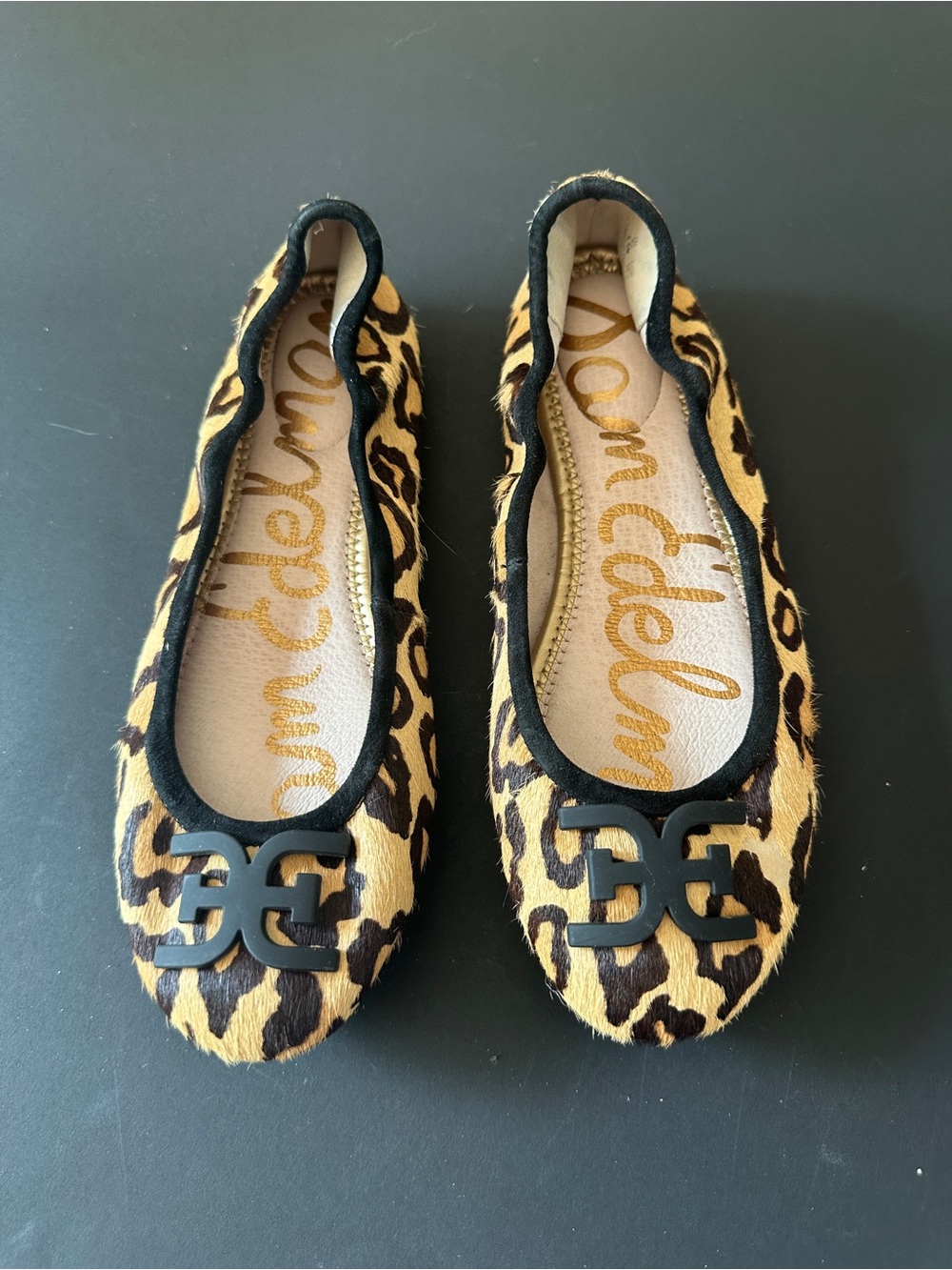 Sam Edelman Leopard Ballet Flats in Tan and Black with Logo Accent